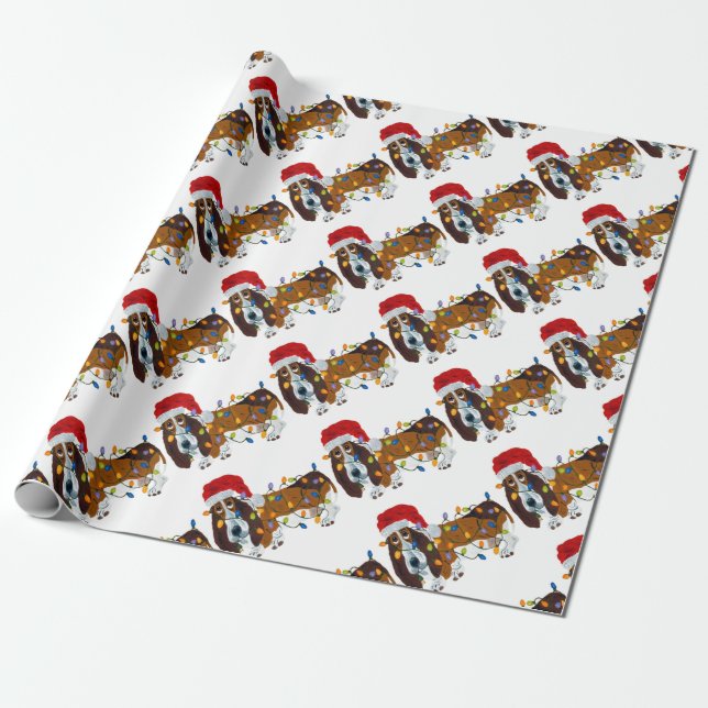 Papel De Presente Basset Enroscado Em Luzes De Natal (Desenrolado)