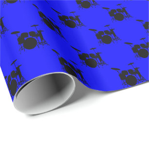 Papel De Presente Bateria Preta de Música em Azul