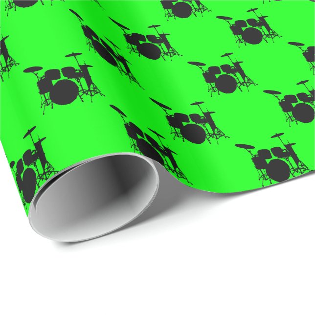 Papel De Presente Bateria Preta de Música em Verde Lima (Ponta do rolo)