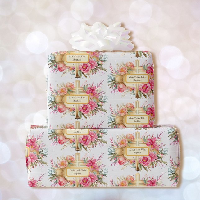 Papel De Presente Batismo Adicione Nome - Cruzar com Flor Spray (Criador carregado)