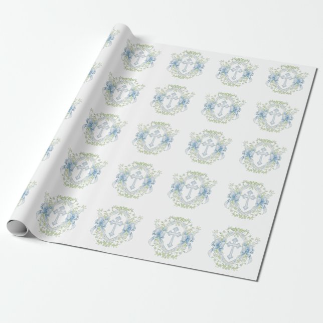 Papel De Presente Batismo Cruz Crest Greenery Baby Boy (Desenrolado)