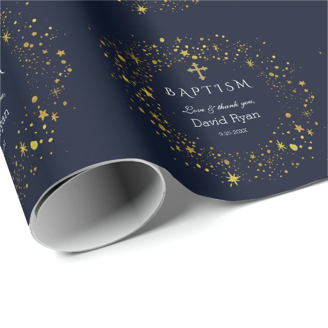 Papel De Presente Batismo Dourado Starry Night Boy (Ponta do rolo)