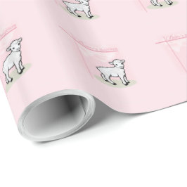 Papel De Presente Batismo, Rosa, Menina, Cordeiro
