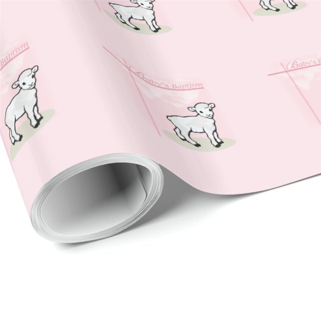 Papel De Presente Batismo, Rosa, Menina, Cordeiro (Ponta do rolo)