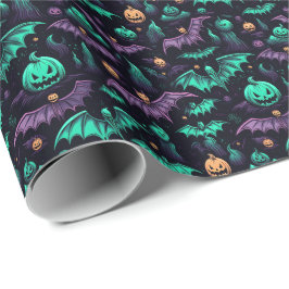 Papel De Presente Bats and Pumpkins Purple Green Halloween