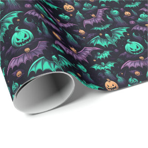 Papel De Presente Bats and Pumpkins Purple Green Halloween