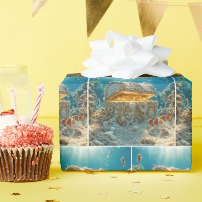 Papel De Presente Baú de Tesouro de Conchas Subaquático com Moedas (Festa de aniversário)