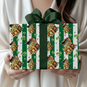 Papel De Presente Baú de Tesouro Listrado Verde Garrafa Vintage Chic