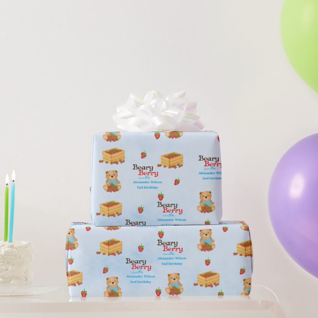 Papel De Presente Beary Berry Cute Blue Strawberry Cub (Presentes para festas)