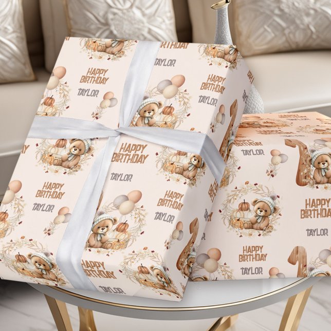 Papel De Presente Beary First Birthday Fall Bear primeiro aniversari (Beary First Birthday Fall Bear 1st Birthday Wrapping Paper)