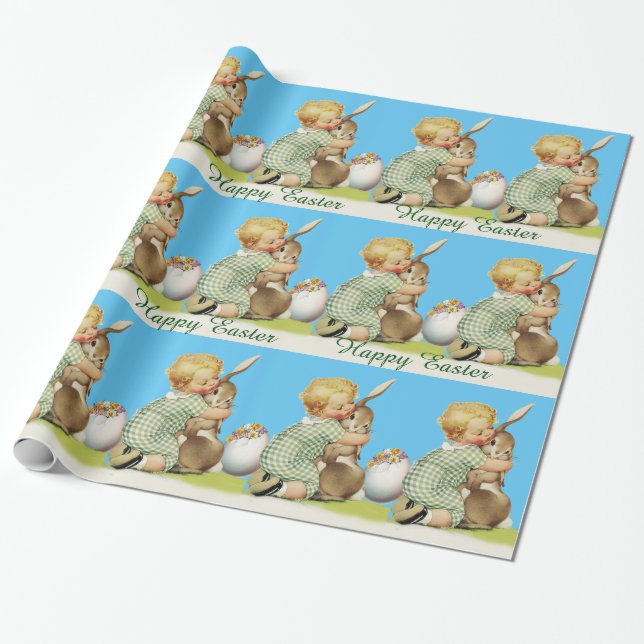 Papel De Presente BEBÊ ABRAÇANDO BUNNY ORIENTAL, Azul Céu (Desenrolado)