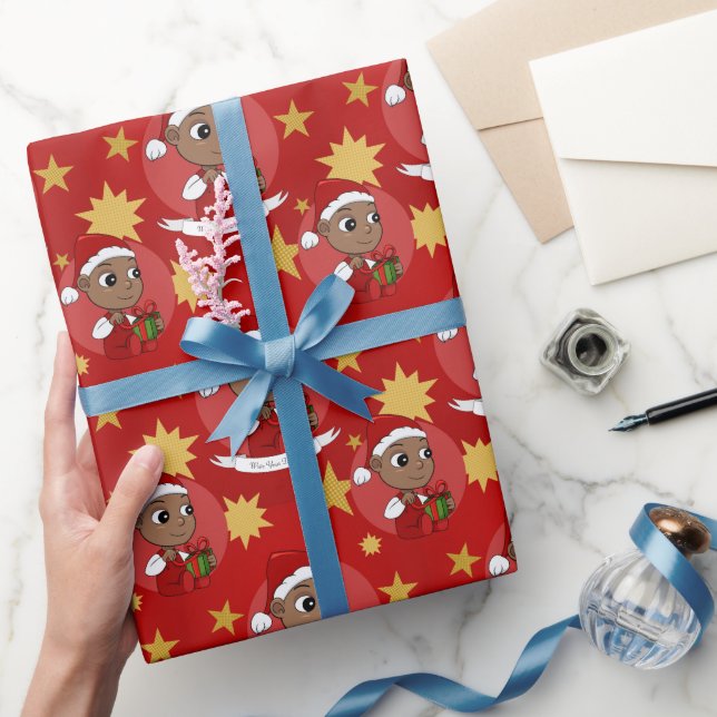 Papel De Presente Bebê afro-americano bonito com chapéu de Papai Noe (Presentear)