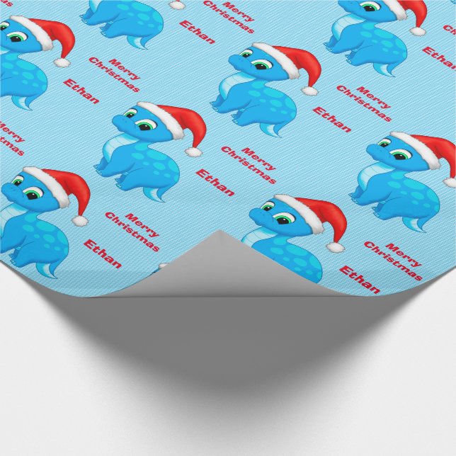 Papel De Presente Bebê azul bonito Dinosour com chapéu do papai noel (Ponta)