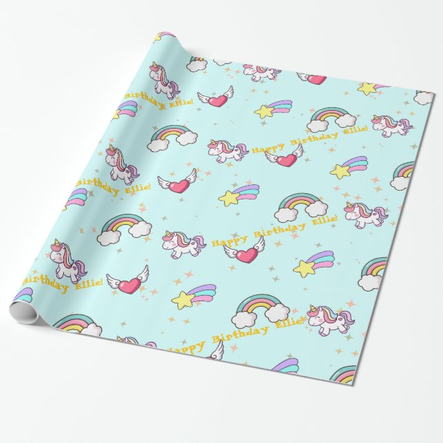 Papel De Presente Bebê Azul Frio Arco-Íris Unicórnio Estrela Magnéti (Desenrolado)