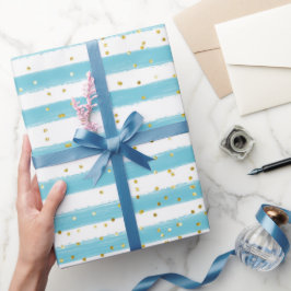 Papel De Presente Bebê Blue Strips E Dourada Festa De Garoto