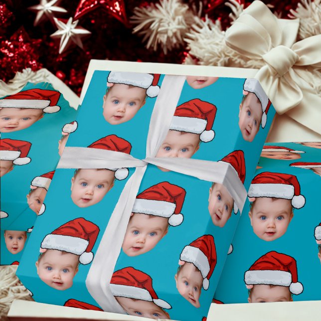 Papel De Presente Bebê Cabeça Rosto Foto Santa Hat Azul (Criador carregado)