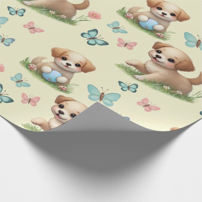Papel De Presente Bebê com Padrão de Cachorrinhos e Borboletas (Ponta)