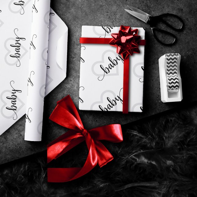 Papel De Presente Bebê Coração | Script Simples e Preto Moderno (Criador carregado)