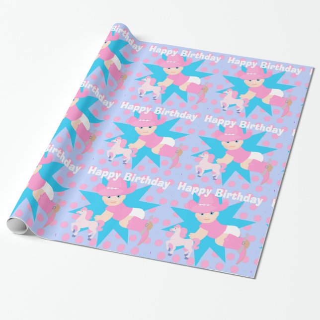 Papel De Presente Bebê Cowgirl Feliz Bolinhas de aniversário (Desenrolado)