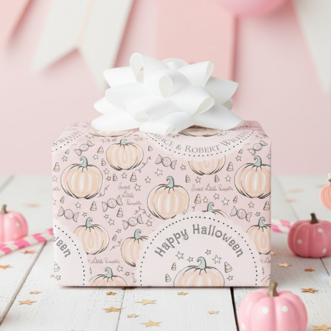 Papel De Presente Bebê de Abóbora Cor-de-rosa-claro (Adorable Pink Kids Halloween Wrapping Paper. Cute Pumpkins, Candy & "Sweet Little Pumpkin Pattern)