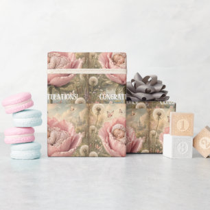 Papel De Presente Bebê dormindo em flor rosa Parabéns