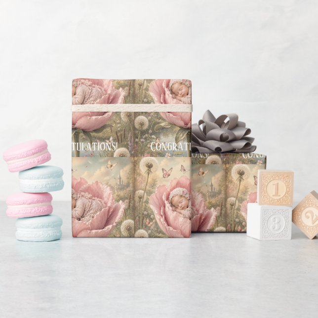 Papel De Presente Bebê dormindo em flor rosa Parabéns (Chá de bebê)