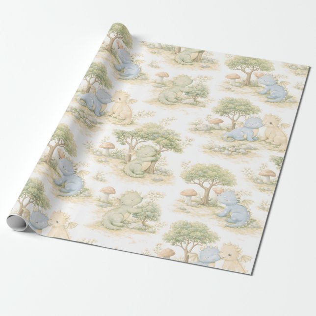 Papel De Presente Bebê Dragão Fofo Padrão Pastel Floresta (2) (Desenrolado)