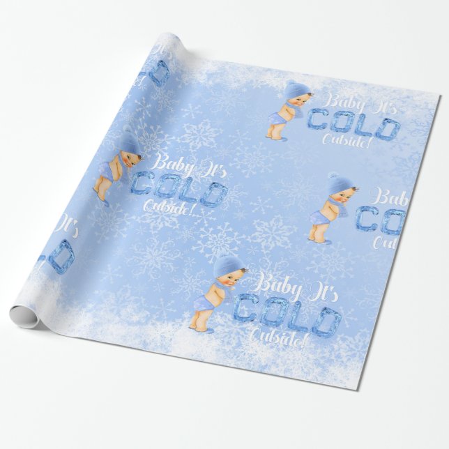Papel De Presente Bebê É Frio Floco de Neve Azul Menino Chuveiro (Desenrolado)