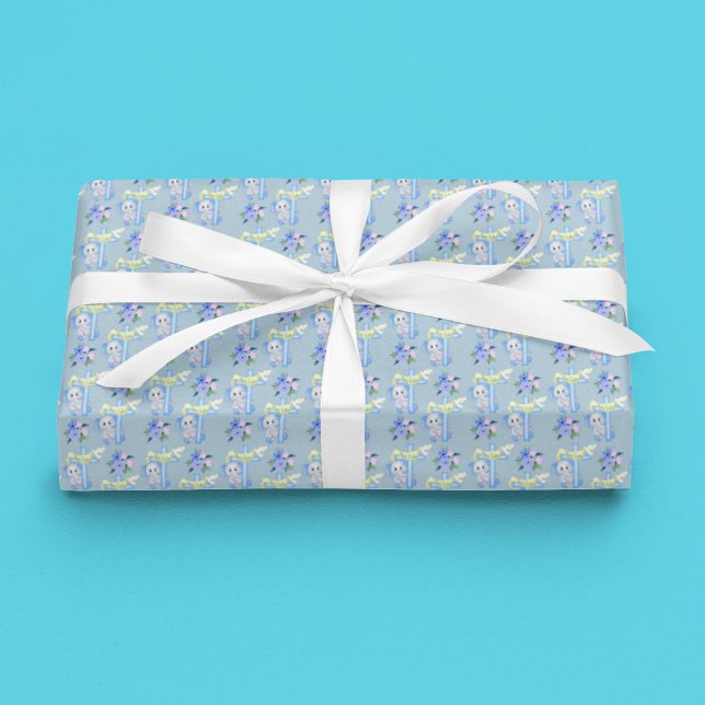Papel De Presente Bebê elefante com batismo de cruz e pomba (Celebrate new beginnings with our adorable elephant-themed baptism wrapping paper. A perfect touch o)