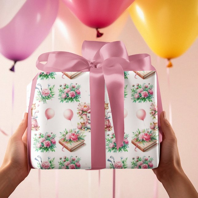 Papel De Presente Bebê Elefante e Girafa Rosa para Menina & Golfe Be (Criador carregado)