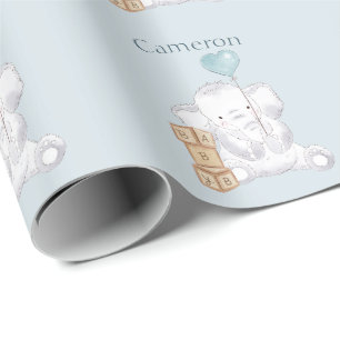 Papel De Presente Bebê Elefante Menino Fofo Aquarela Nome Personaliz