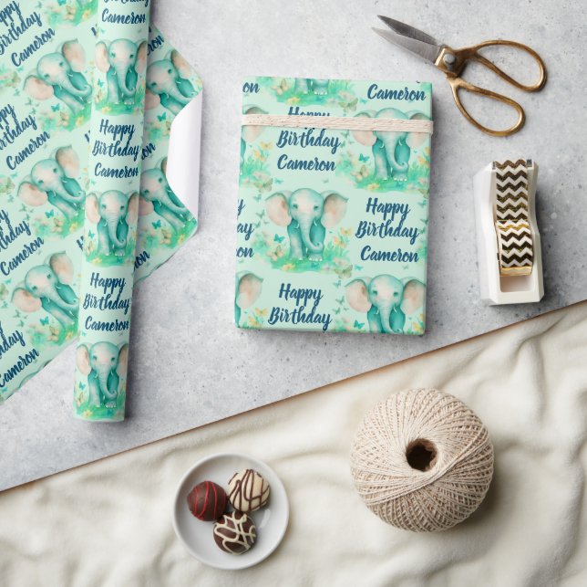 Papel De Presente Bebê Elefante Neutro Personalizado Aniversário (Artesanato)