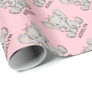 Papel De Presente Bebê-Elefante-Rosa-Rosa Nome da Menina Wrappi