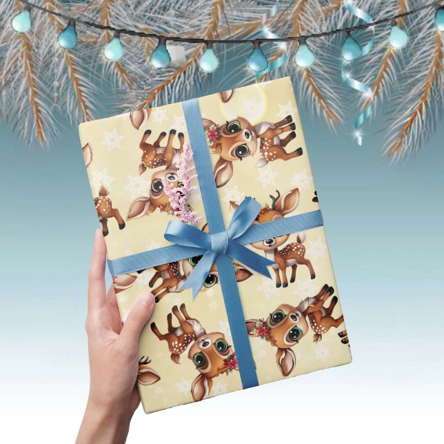 Papel De Presente Bebê, Fawn, Doe, Reindeer 🦌 🎄 Dourado, Floco de  (Cute Baby Floral Deer, Fawn, Doe Lover Reindeer Antlers Snowflake Pattern Gold Wrapping Paper 🦌 🎄)