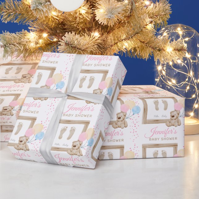 Papel De Presente Bebê Fofo Chuveiro de Bebê Pés Rosa Nome Personali (Feriados)