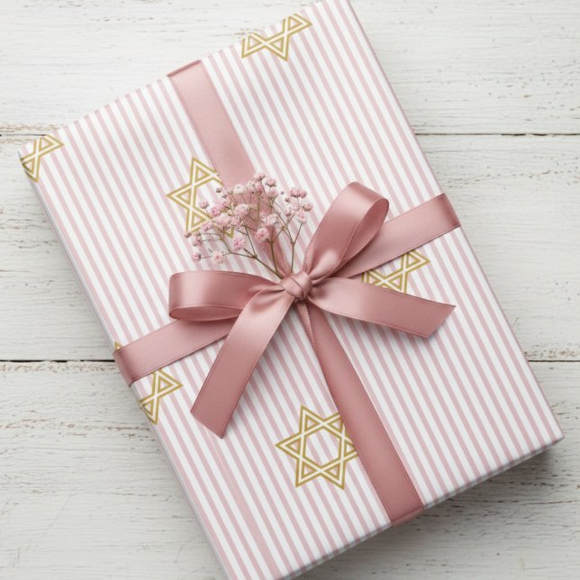 Papel De Presente Bebê Judia Menina Simchat Bat Brit Bat Rosa (Jewish Star of David Baby Girl Wrapping Paper for Bris & Baby Naming Ceremony, Mazel Tov & Hanukkah)
