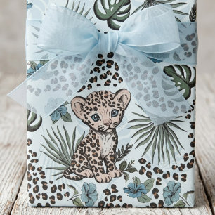 Papel De Presente Bebê Leopardo Azul Safari Crianças Padrão de Selva