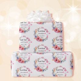 Papel De Presente Bebê Menina Baptismo Nome Data Pink Floral Cross D