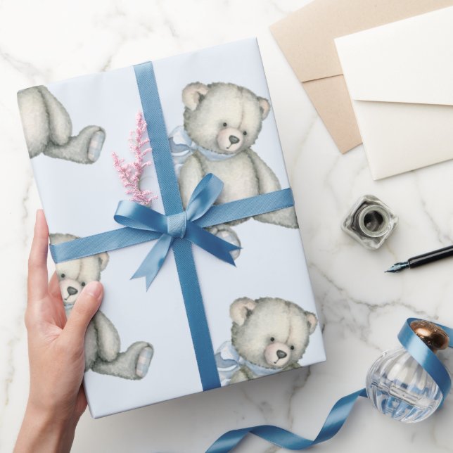 Papel De Presente Bebê Menino Urso Vermelho Azul Mola De Água Presen (Presentear)