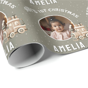 Papel De Presente Bebê Neutro Trem de Natal Lembrancinha de Foto