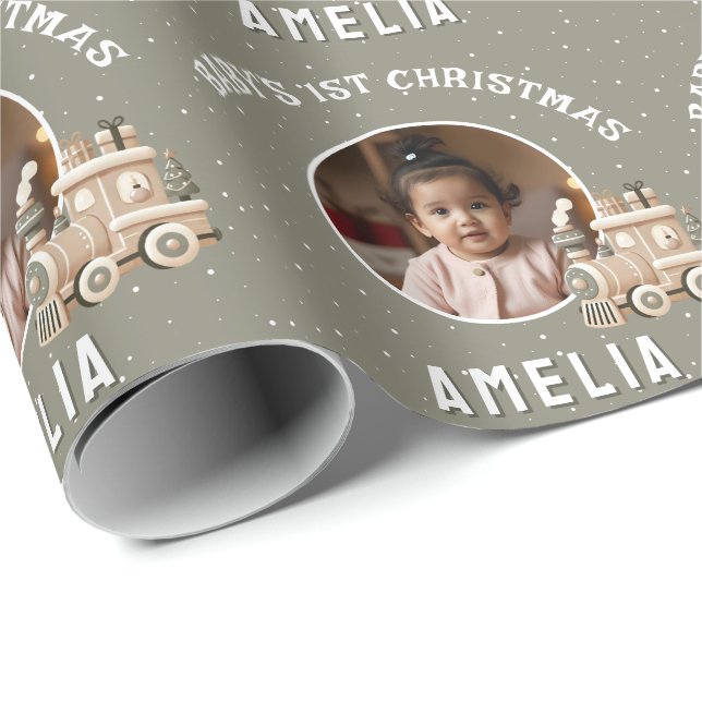 Papel De Presente Bebê Neutro Trem de Natal Lembrancinha de Foto (Ponta do rolo)