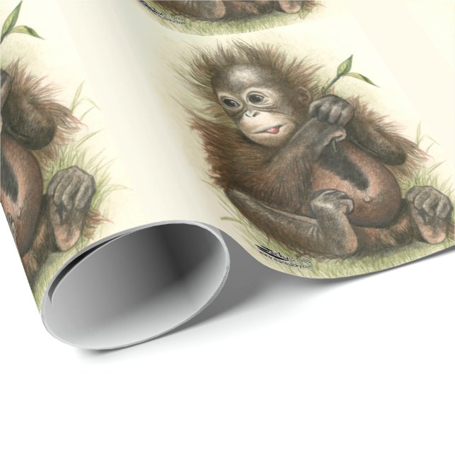 Papel De Presente Bebê Orangotango Com Folhas (Ponta do rolo)