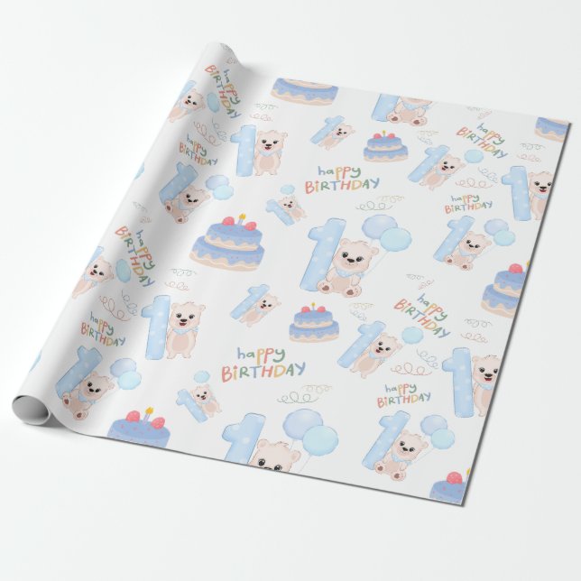 Papel De Presente Bebê primeiro aniversario Feliz Urso Azul (Desenrolado)