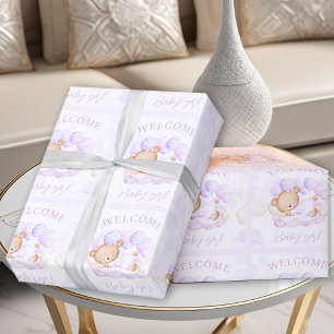 Papel De Presente Bebê recém-nascido Nome Urso Lavanda Roxo