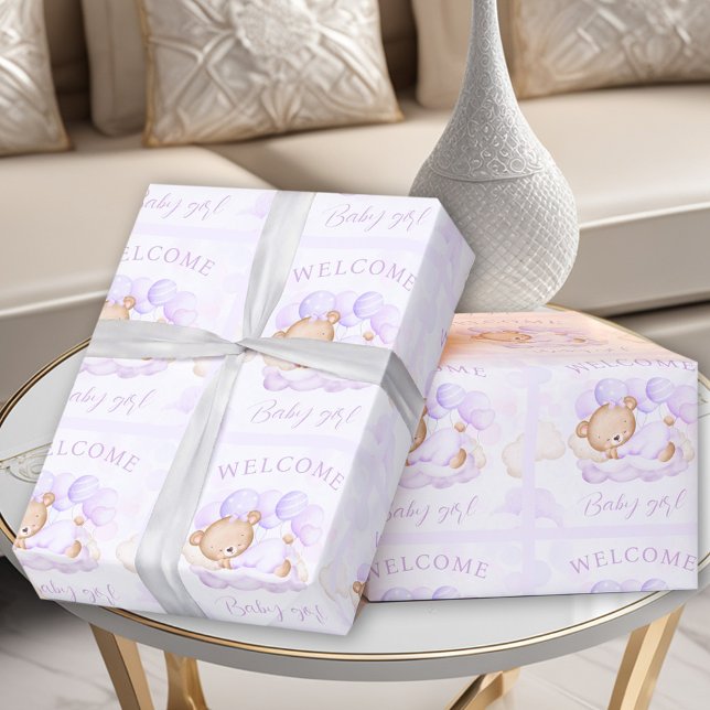 Papel De Presente Bebê recém-nascido Nome Urso Lavanda Roxo (Newborn Baby Girl Name Purple Lavender Bear Wrapping Paper)