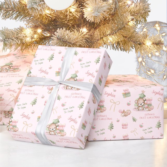 Papel De Presente Bebê Rosa Bonito Nome Rosa Texto de Natal (Cute Bear Baby Girl Pink Name Text Christmas Wrapping Paper)
