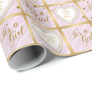 Papel De Presente Bebê Rosa e Dourado Confetti - Menina