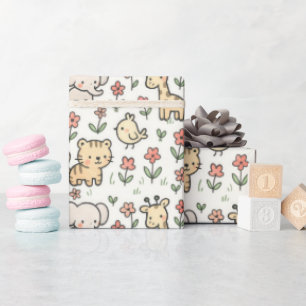 Papel De Presente Bebê Safari Selvagem Com Flores De Dodle