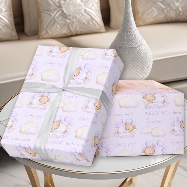 Papel De Presente Bebê Urso Roxo Lavanda Recém-Nascido (Baby Bear Purple Lavender Newborn Baby Girl Name Wrapping Paper)