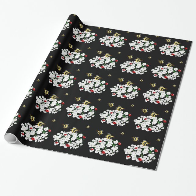 Papel De Presente Bebês-frade e flores brancas em preto (Desenrolado)